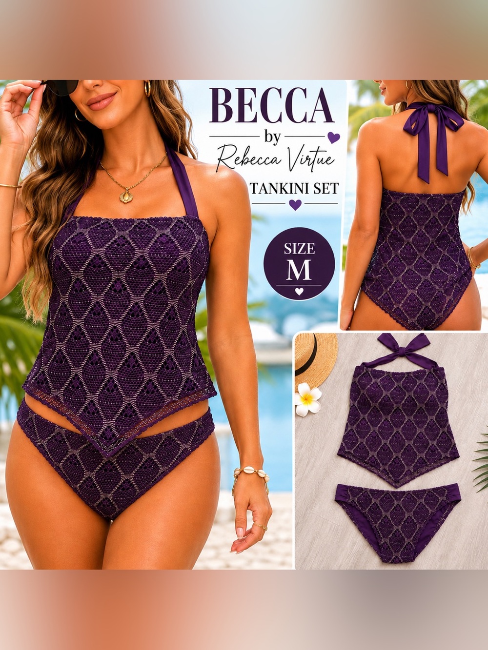 BECCA by Rebecca Virtue Purple Crochet Tankini Set – Size M